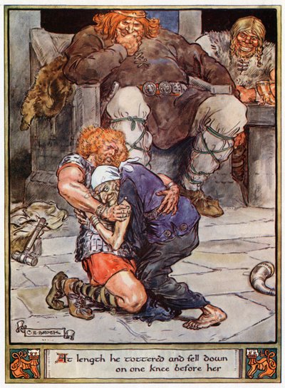 "Finalmente ele cambaleou e caiu de joelhos diante dela", ilustração de "Os heróis de Asgard, contos da mitologia escandinava", de A und E Keary, 1930 de Charles Edmund Brock